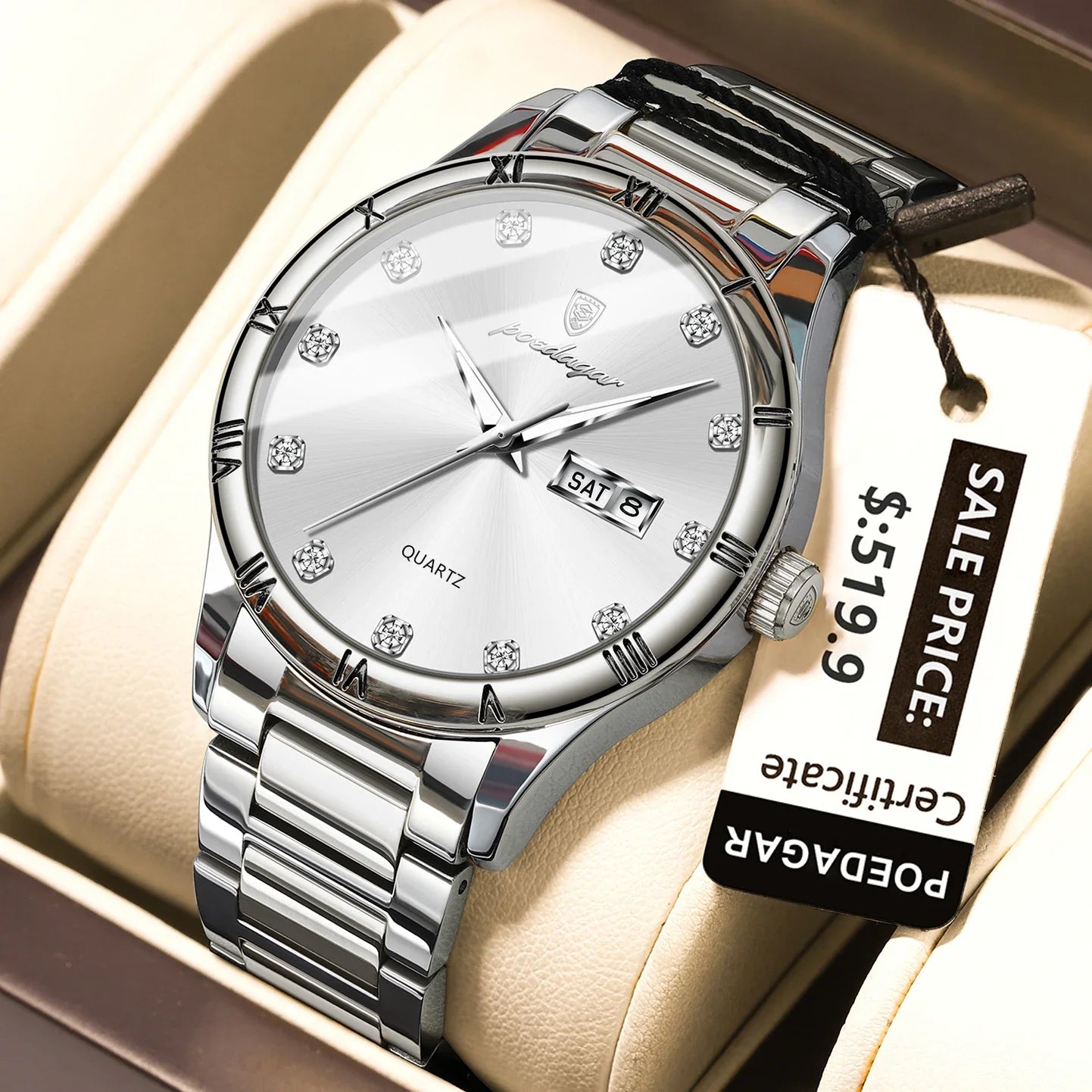 POEDAGAR Top Luxus Uhr Für Mann Datum Woche Wasserdicht Leucht Mann Armbanduhr Quarz Edelstahl herren Uhren Sport Reloj