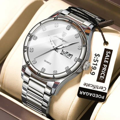 POEDAGAR Top Luxus Uhr Für Mann Datum Woche Wasserdicht Leucht Mann Armbanduhr Quarz Edelstahl herren Uhren Sport Reloj
