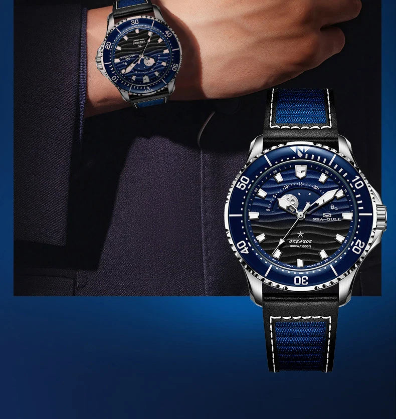Seagull 43.5mm Diving Watch 300M Waterproof Automatic Mechanical Wristwatch Moon Phase Luminescent Men Watches 1215 New 2025