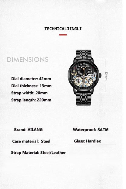 AILANG Top Marke Luxus Uhr Männer Automatische Leucht Schwarz Uhr Männer Doppel Tourbillon Wasserdichte Mechanische Uhr Relogio