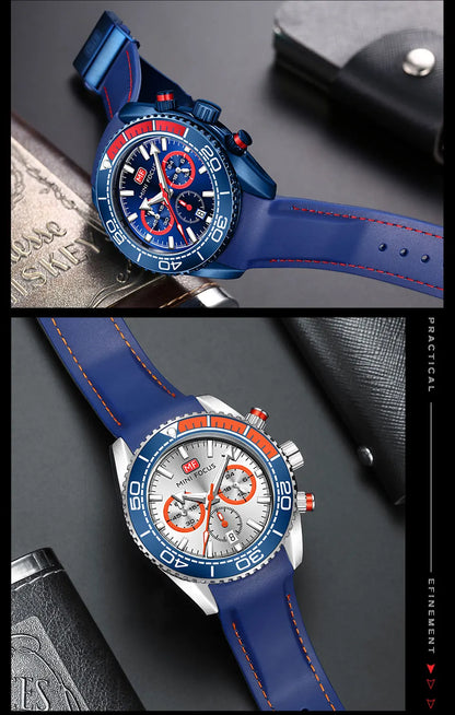MINI FOCUS Chronograph Quarzuhren für Herren, modische Sport-Armbanduhr mit automatischem Datum, 24-Stunden-Anzeige, blaues Silikonarmband 0426