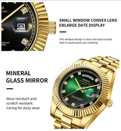 NIBOSI Luxus Gold Quarzuhr Männer Edelstahl Wasserdicht Leucht Datum Woche Mode Diamant Herren Uhren Relogio Masculino