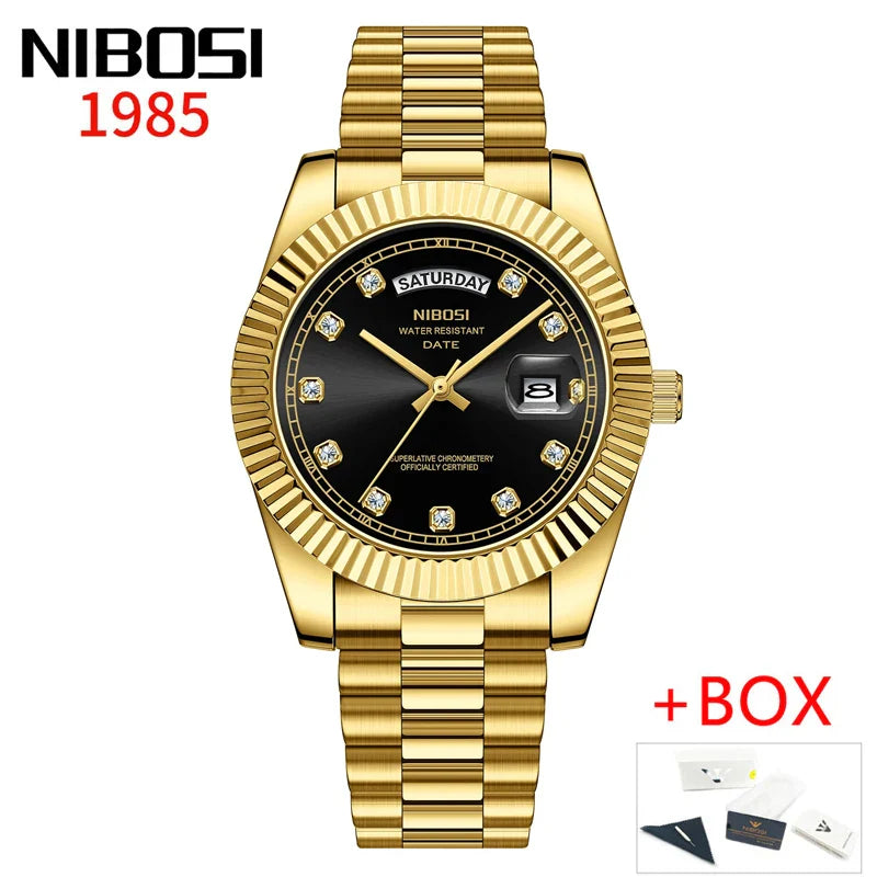 NIBOSI Luxus Gold Quarzuhr Männer Edelstahl Wasserdicht Leucht Datum Woche Mode Diamant Herren Uhren Relogio Masculino