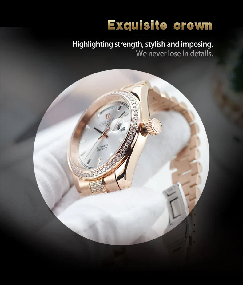 OBLVLO Men's Luxury Watch Yellow Gold White Dial Automatic Date Diamond Bezel Mechanical Bracelet Watches with Day RX-DD