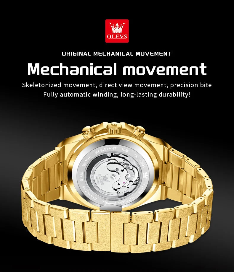 OLEVS Gold Stahl Herren Uhren Top Marke Automatische Mechanische Luxus Uhr Sport Wasserdicht Tourbillon Armbanduhr Reloj Hombre