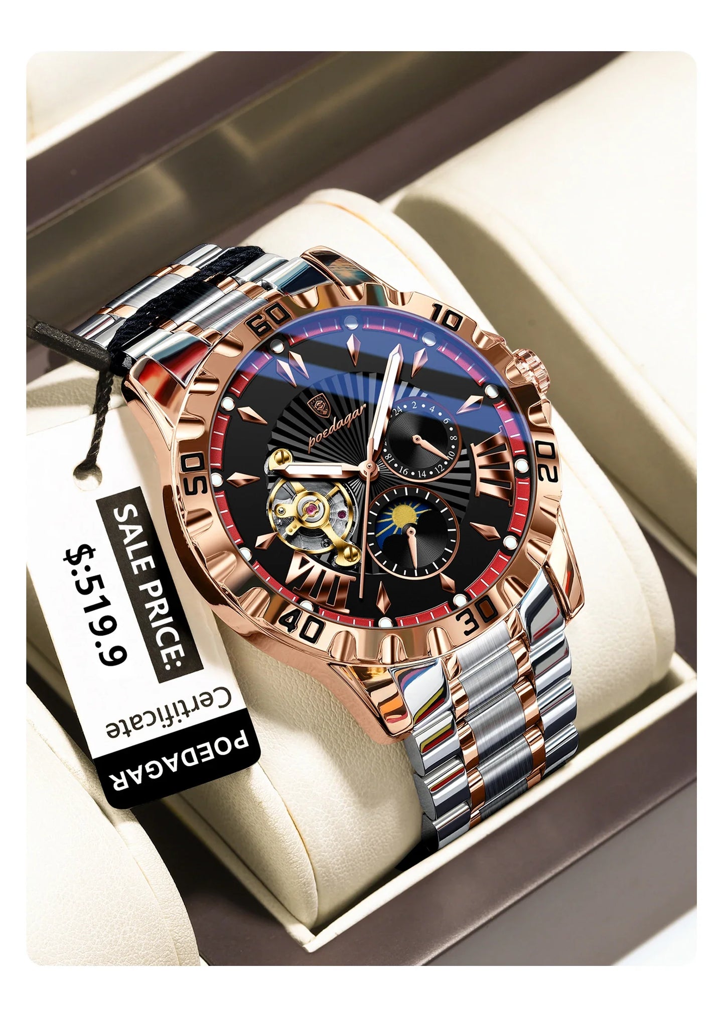 POEDAGAR Luxus Männer Uhr Hohl Tourbillon Automatische Mechanische Mann Uhr Wasserdicht Leucht Edelstahl herren Uhren + Box