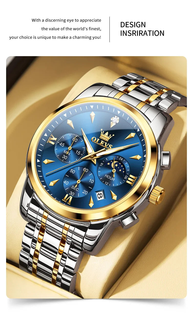 OLEVS 3639 Top Marke Original Luxus Neue Quarzuhr Edelstahl Uhr Für Männer Wasserdicht Leucht Mond Phase Herren Uhr