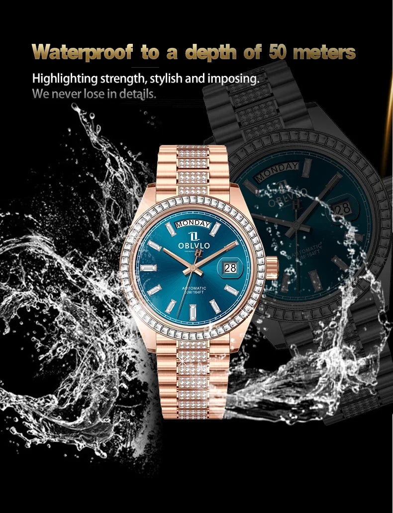 OBLVLO Men's Luxury Watch Yellow Gold White Dial Automatic Date Diamond Bezel Mechanical Bracelet Watches with Day RX-DD