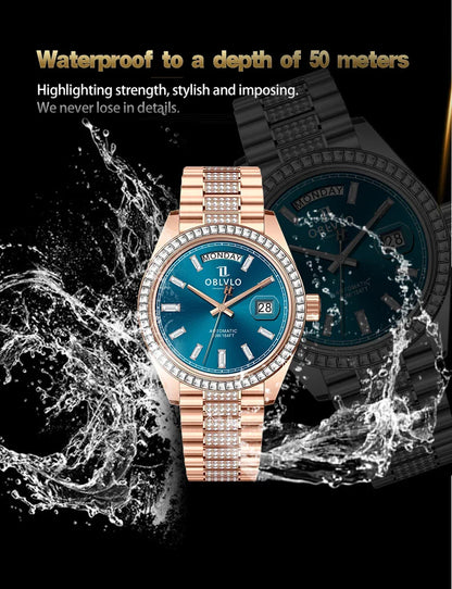 OBLVLO Men's Luxury Watch Yellow Gold White Dial Automatic Date Diamond Bezel Mechanical Bracelet Watches with Day RX-DD