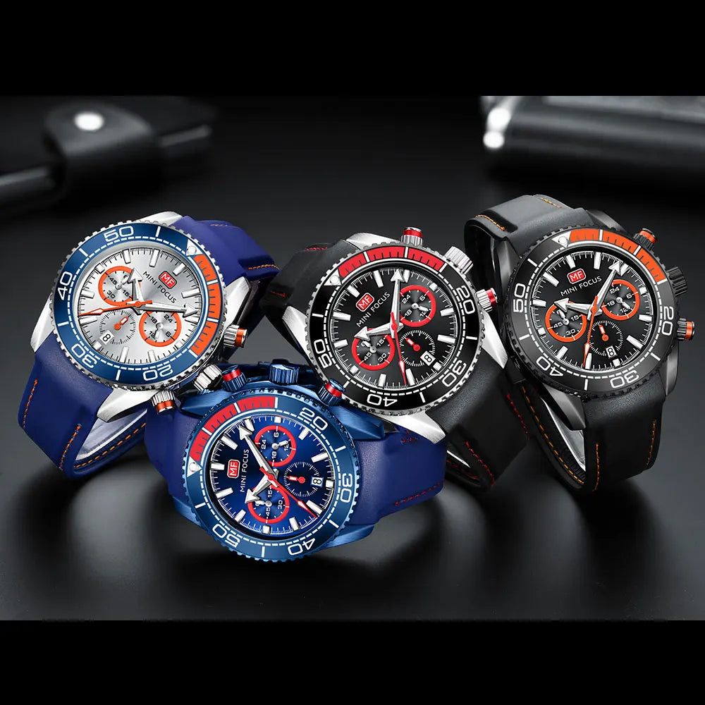 MINI FOCUS Chronograph Quarzuhren für Herren, modische Sport-Armbanduhr mit automatischem Datum, 24-Stunden-Anzeige, blaues Silikonarmband 0426