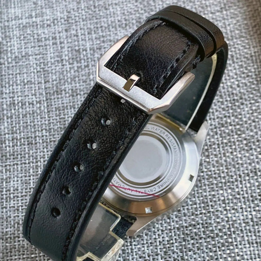 Tandorio 39 mm schwarzes Zifferblatt, Saphirglas, 20 ATM, Tauchen, NH35A PT5000, automatische Pilotenuhr, gebürstet, Herrenuhr, Lederarmband