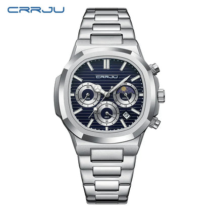 CRRJU Herrenuhr, wasserdicht, leuchtende Armbanduhr, Quarz-Edelstahluhr für Herren, Pilot-Top-Marke, Herrenuhren, Chronograph