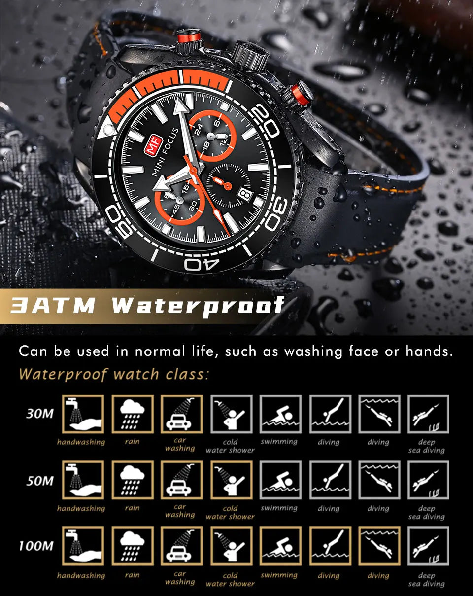 MINI FOCUS Chronograph Quarzuhren für Herren, modische Sport-Armbanduhr mit automatischem Datum, 24-Stunden-Anzeige, blaues Silikonarmband 0426