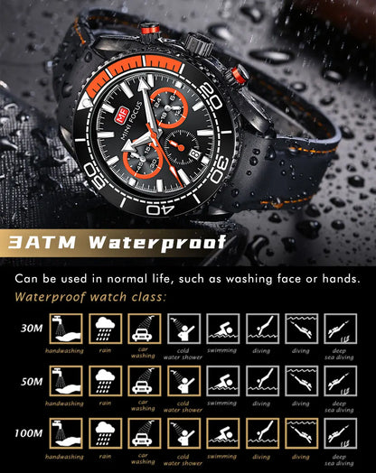MINI FOCUS Chronograph Quarzuhren für Herren, modische Sport-Armbanduhr mit automatischem Datum, 24-Stunden-Anzeige, blaues Silikonarmband 0426