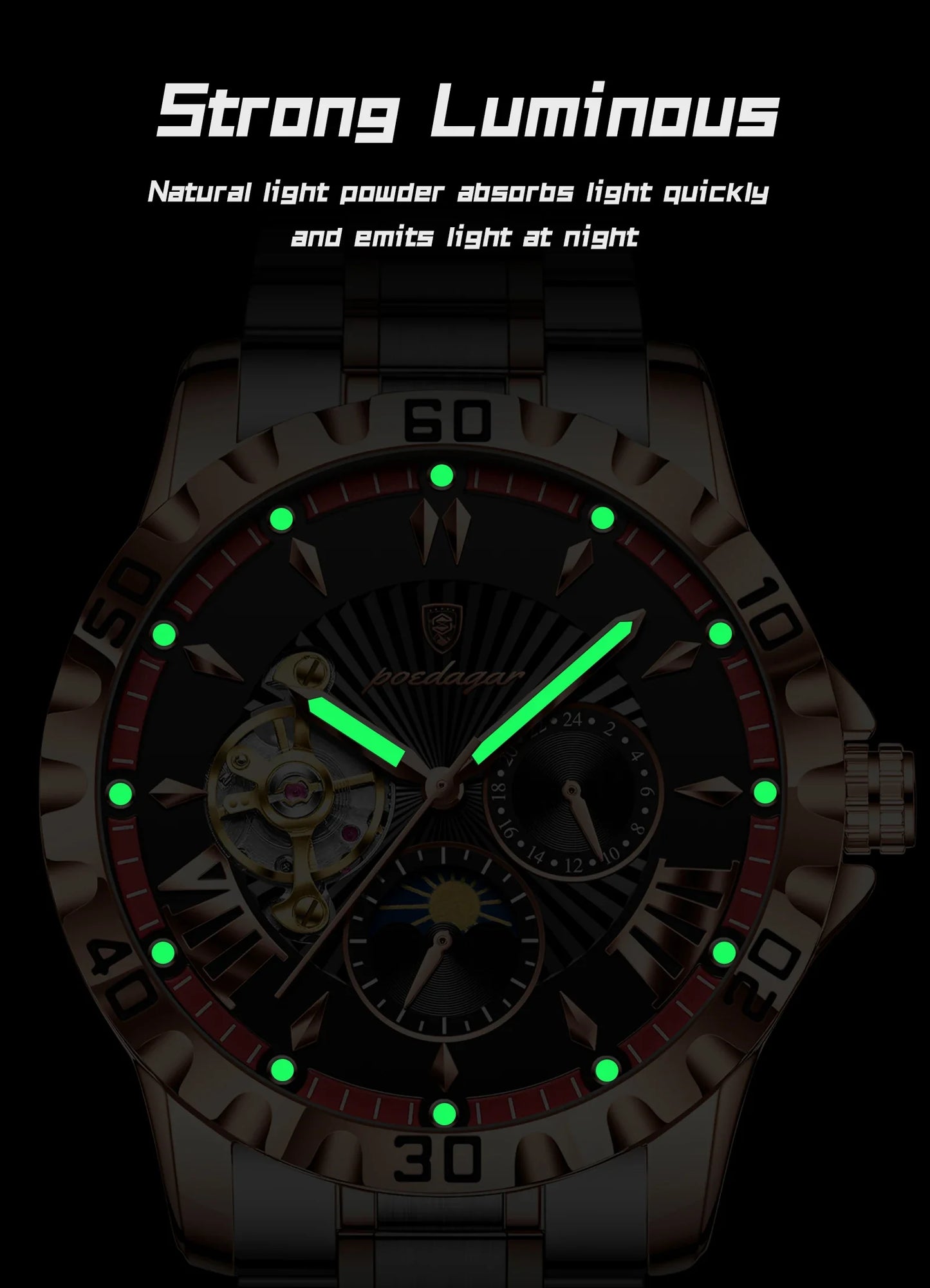 POEDAGAR Luxus Männer Uhr Hohl Tourbillon Automatische Mechanische Mann Uhr Wasserdicht Leucht Edelstahl herren Uhren + Box