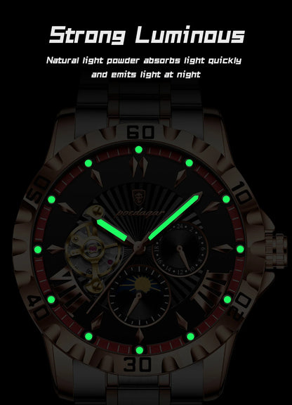 POEDAGAR Luxus Männer Uhr Hohl Tourbillon Automatische Mechanische Mann Uhr Wasserdicht Leucht Edelstahl herren Uhren + Box