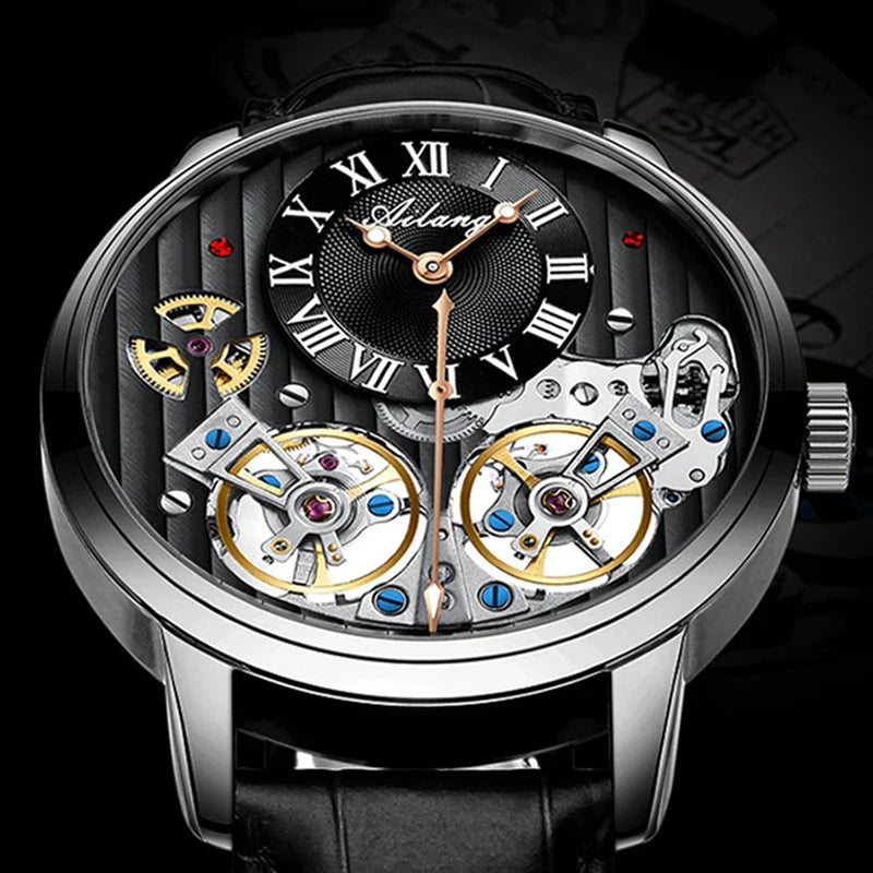 AILANG Top Marke Luxus Uhr Männer Automatische Leucht Schwarz Uhr Männer Doppel Tourbillon Wasserdichte Mechanische Uhr Relogio