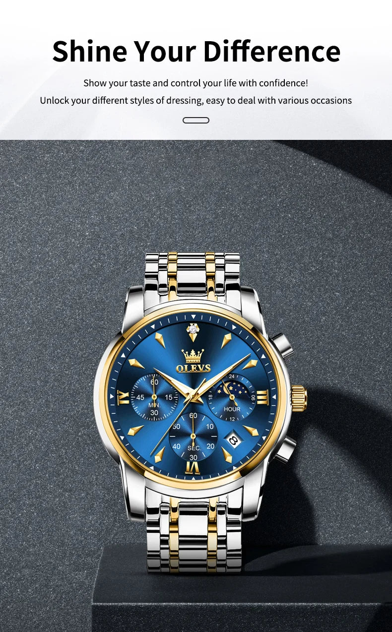 OLEVS 3639 Top Marke Original Luxus Neue Quarzuhr Edelstahl Uhr Für Männer Wasserdicht Leucht Mond Phase Herren Uhr