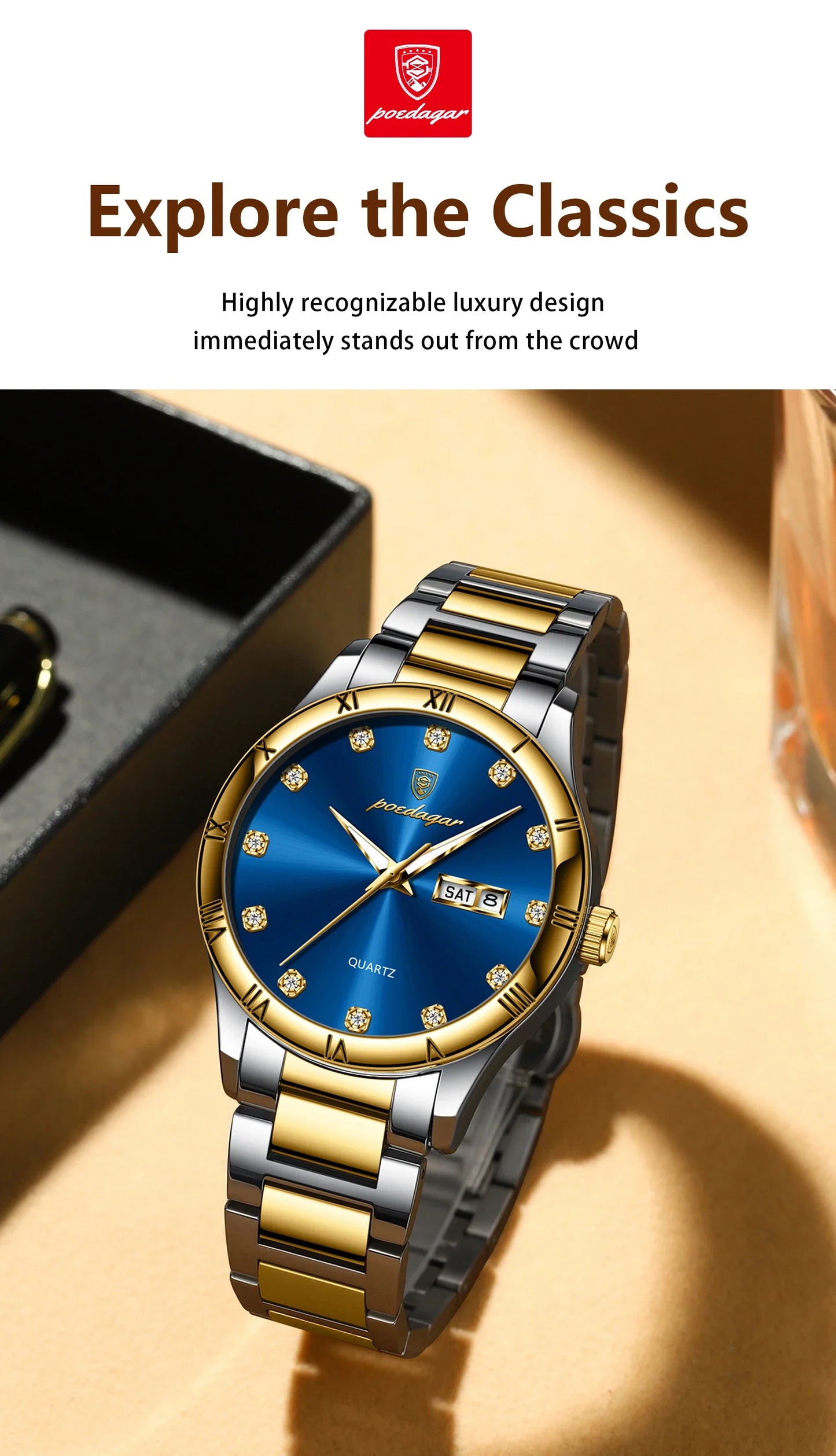POEDAGAR Top Luxus Uhr Für Mann Datum Woche Wasserdicht Leucht Mann Armbanduhr Quarz Edelstahl herren Uhren Sport Reloj