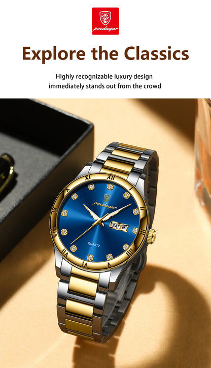 POEDAGAR Top Luxus Uhr Für Mann Datum Woche Wasserdicht Leucht Mann Armbanduhr Quarz Edelstahl herren Uhren Sport Reloj