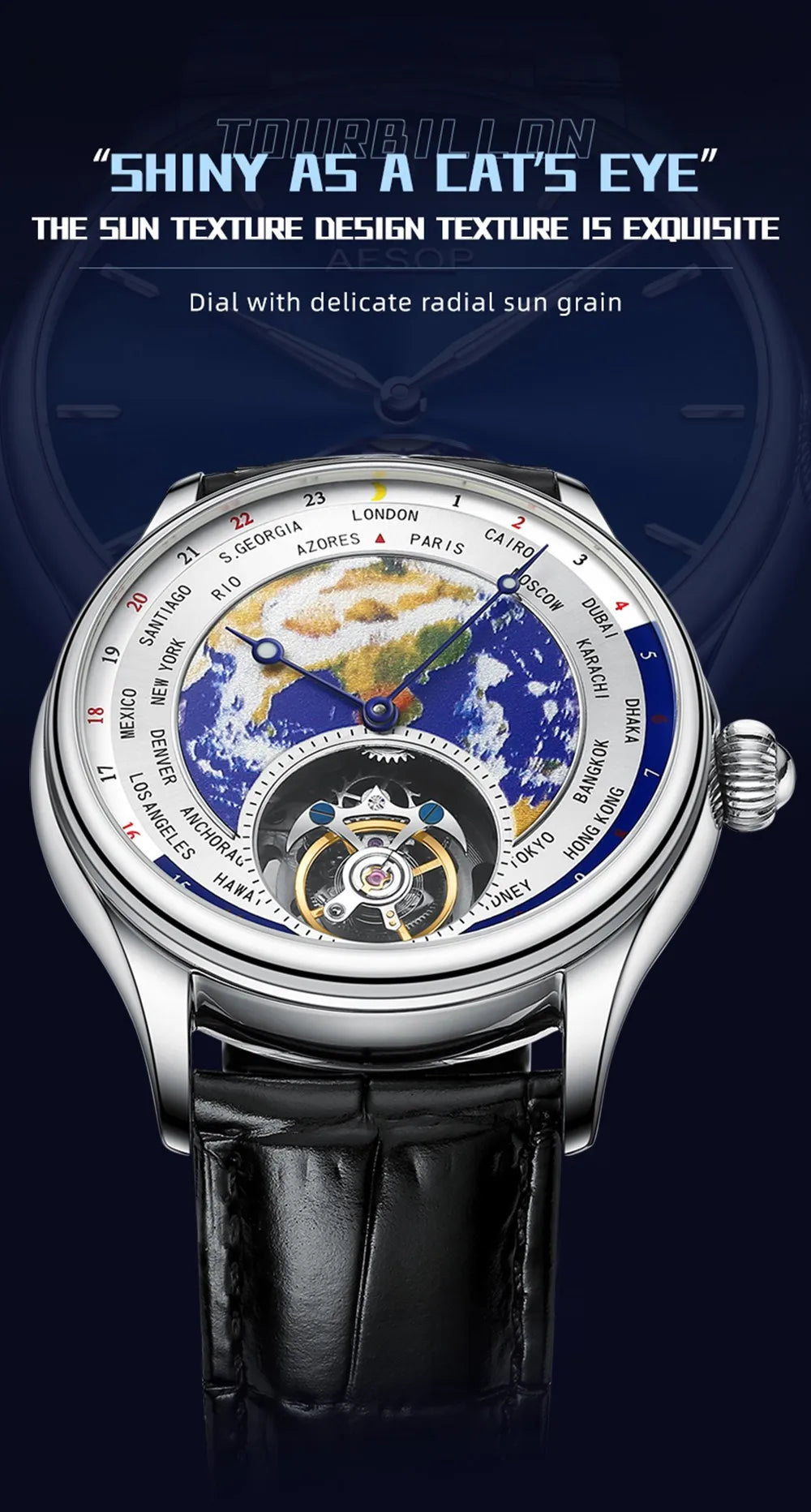 AESOP Diamond Luxury Flying Tourbillon Movement Watch For Men Earth Enamel Dial  Sapphire Skeleton Mechanical Watches Business A