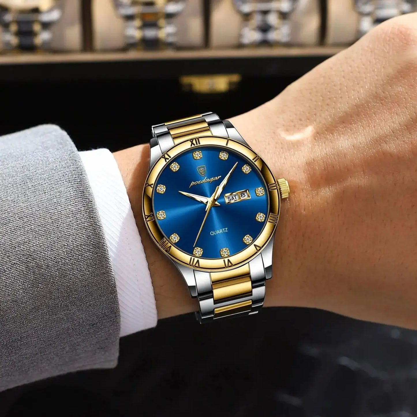 POEDAGAR Top Luxus Uhr Für Mann Datum Woche Wasserdicht Leucht Mann Armbanduhr Quarz Edelstahl herren Uhren Sport Reloj