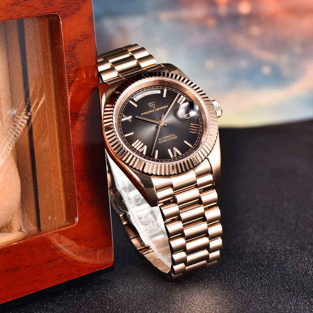 PAGANI DESIGN DD40 Herrenuhren 2024, Top-Luxus-Roségold-Uhr für Herren, automatische mechanische Armbanduhren, wasserdichte Geschenkuhr