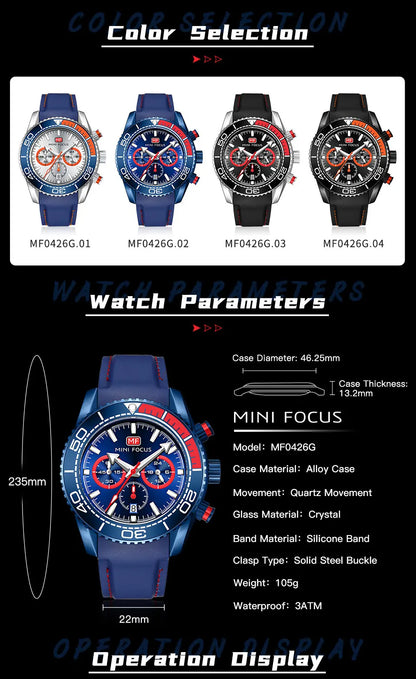MINI FOCUS Chronograph Quarzuhren für Herren, modische Sport-Armbanduhr mit automatischem Datum, 24-Stunden-Anzeige, blaues Silikonarmband 0426