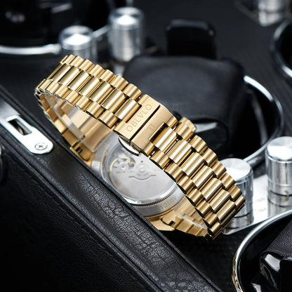 OBLVLO Men's Luxury Watch Yellow Gold White Dial Automatic Date Diamond Bezel Mechanical Bracelet Watches with Day RX-DD