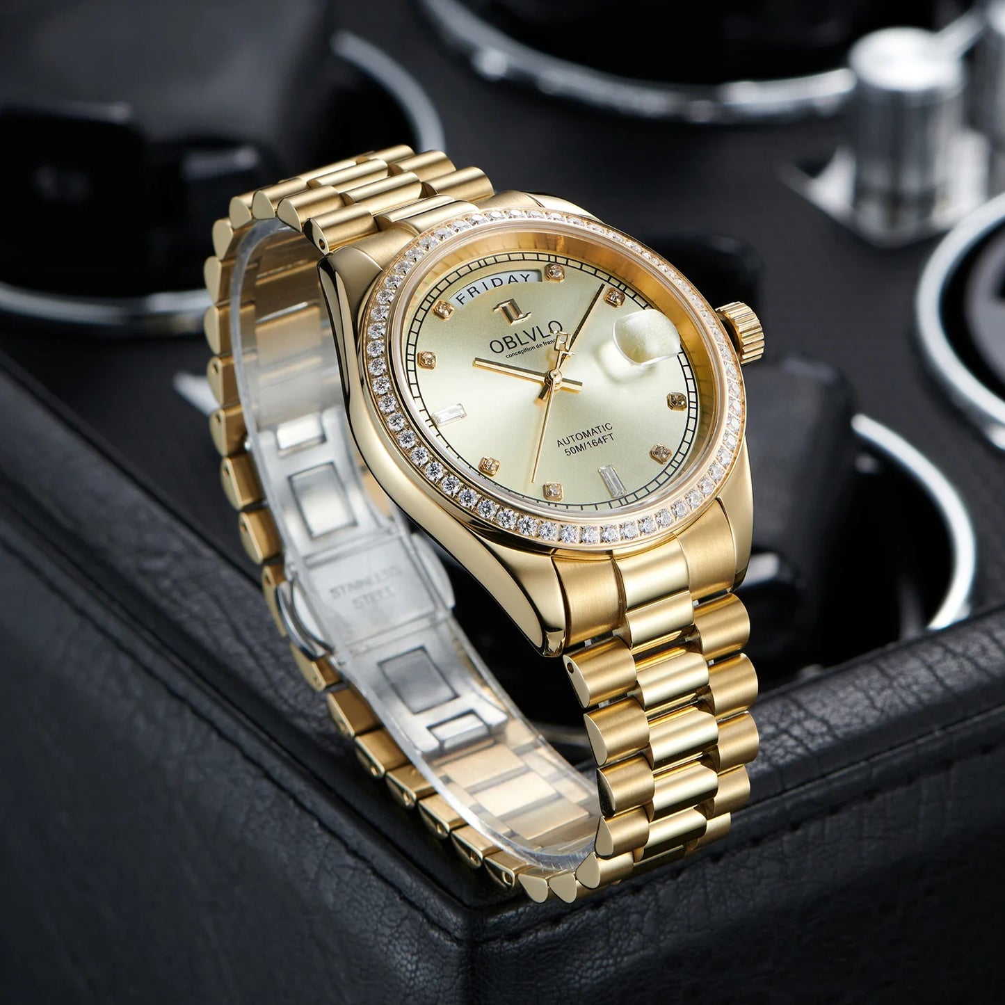 OBLVLO Men's Luxury Watch Yellow Gold White Dial Automatic Date Diamond Bezel Mechanical Bracelet Watches with Day RX-DD