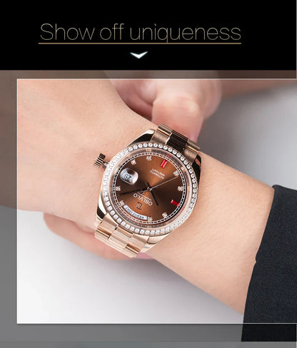 OBLVLO Men's Luxury Watch Yellow Gold White Dial Automatic Date Diamond Bezel Mechanical Bracelet Watches with Day RX-DD