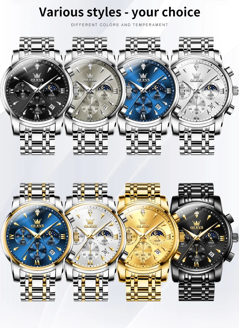 OLEVS 3639 Top Marke Original Luxus Neue Quarzuhr Edelstahl Uhr Für Männer Wasserdicht Leucht Mond Phase Herren Uhr