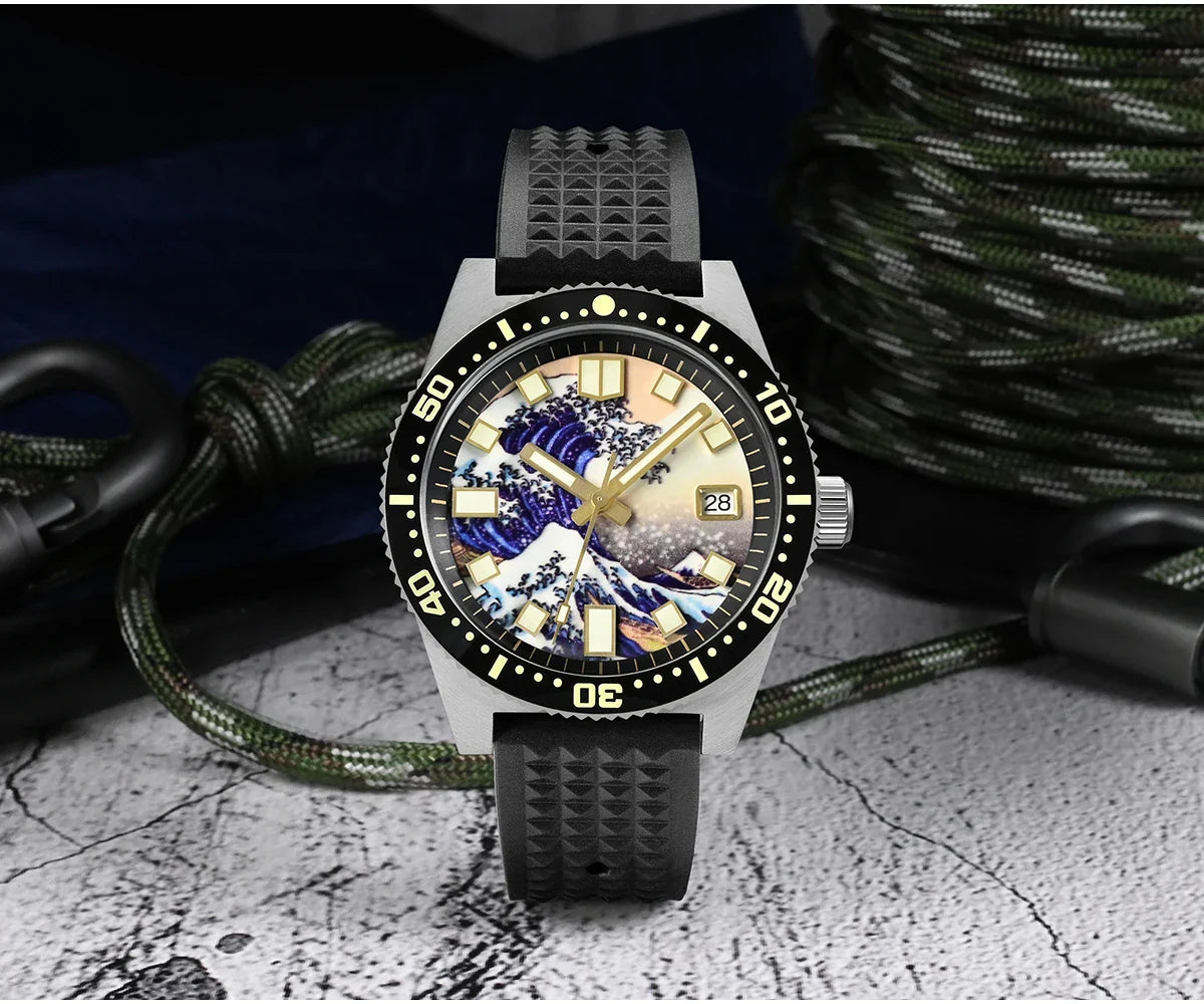 San Martin 40mm 62mas V3 Diver Watch For Men Kanagawa Surfing Dial NH35 Automatic Mechanical 20Bar Full Luminous Rubber Strap