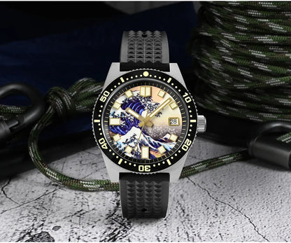 San Martin 40mm 62mas V3 Diver Watch For Men Kanagawa Surfing Dial NH35 Automatic Mechanical 20Bar Full Luminous Rubber Strap