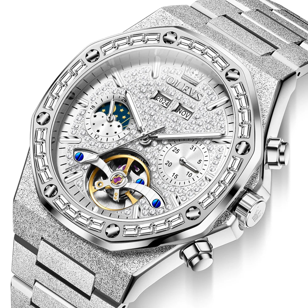 OLEVS Gold Stahl Herren Uhren Top Marke Automatische Mechanische Luxus Uhr Sport Wasserdicht Tourbillon Armbanduhr Reloj Hombre