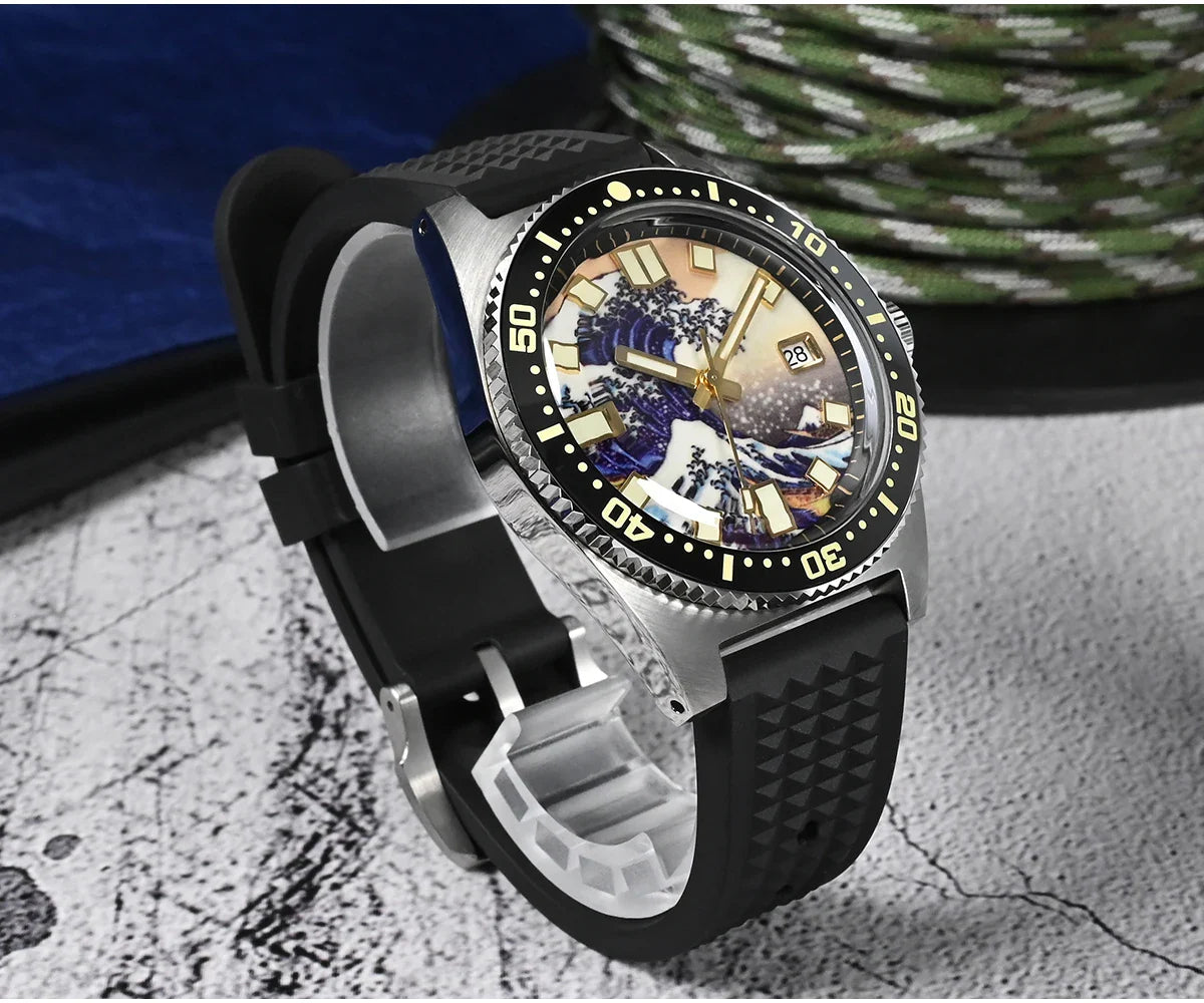 San Martin 40mm 62mas V3 Diver Watch For Men Kanagawa Surfing Dial NH35 Automatic Mechanical 20Bar Full Luminous Rubber Strap