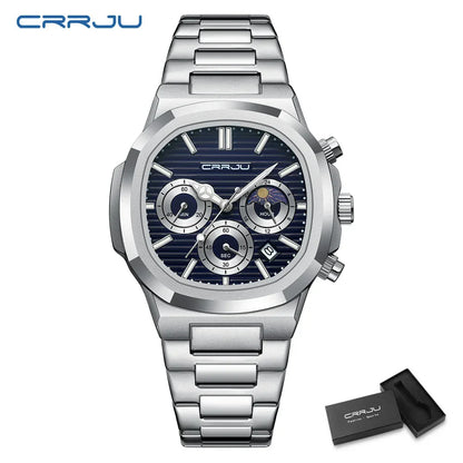 CRRJU Herrenuhr, wasserdicht, leuchtende Armbanduhr, Quarz-Edelstahluhr für Herren, Pilot-Top-Marke, Herrenuhren, Chronograph