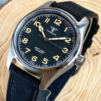 Tandorio 39 mm schwarzes Zifferblatt, Saphirglas, 20 ATM, Tauchen, NH35A PT5000, automatische Pilotenuhr, gebürstet, Herrenuhr, Lederarmband
