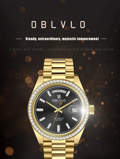OBLVLO Men's Luxury Watch Yellow Gold White Dial Automatic Date Diamond Bezel Mechanical Bracelet Watches with Day RX-DD