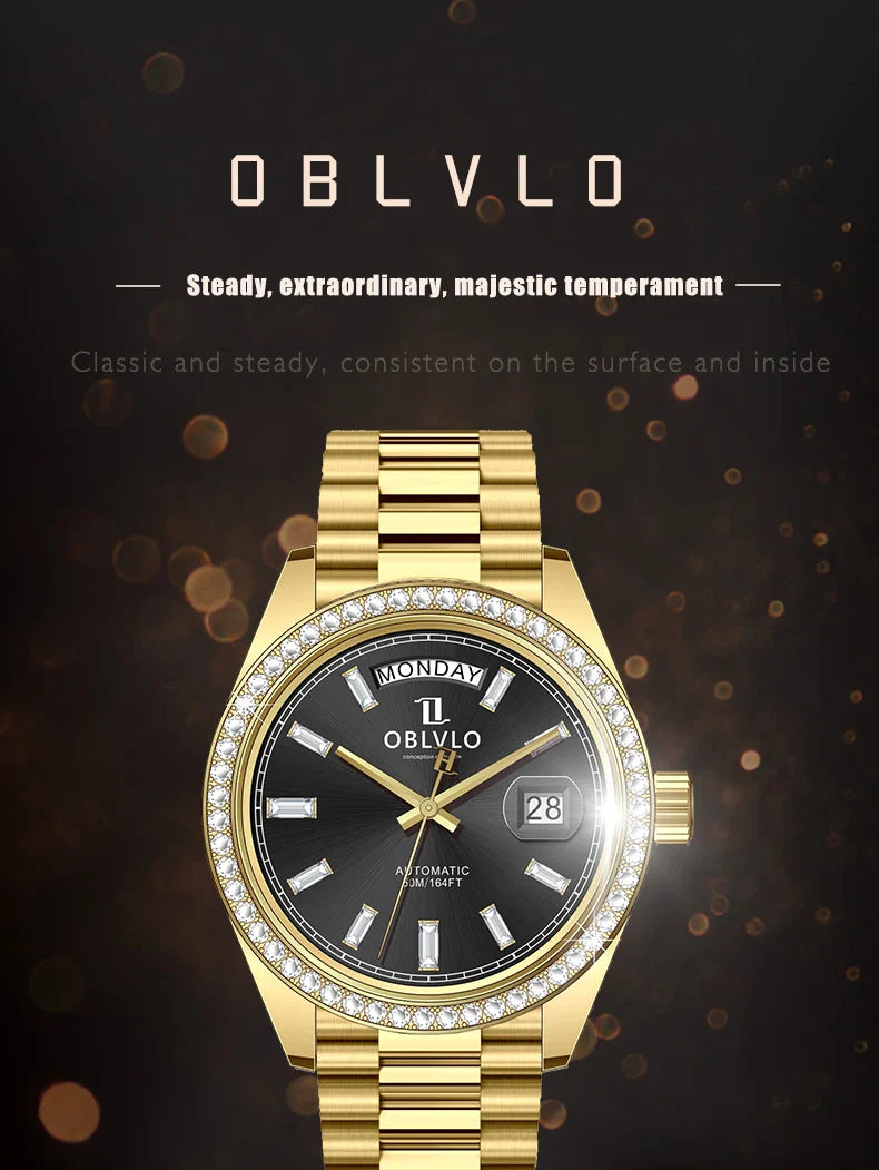 OBLVLO Men's Luxury Watch Yellow Gold White Dial Automatic Date Diamond Bezel Mechanical Bracelet Watches with Day RX-DD