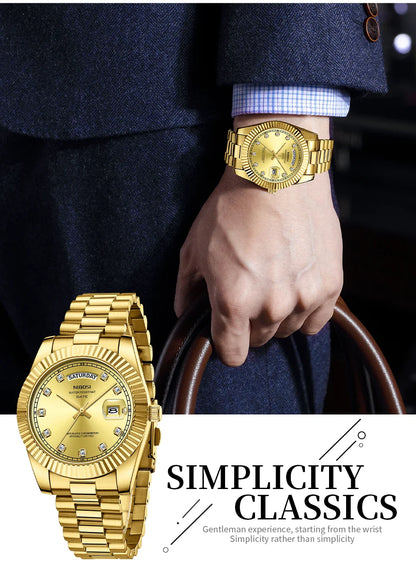 NIBOSI Luxus Gold Quarzuhr Männer Edelstahl Wasserdicht Leucht Datum Woche Mode Diamant Herren Uhren Relogio Masculino