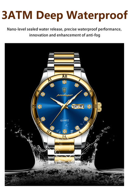POEDAGAR Top Luxus Uhr Für Mann Datum Woche Wasserdicht Leucht Mann Armbanduhr Quarz Edelstahl herren Uhren Sport Reloj