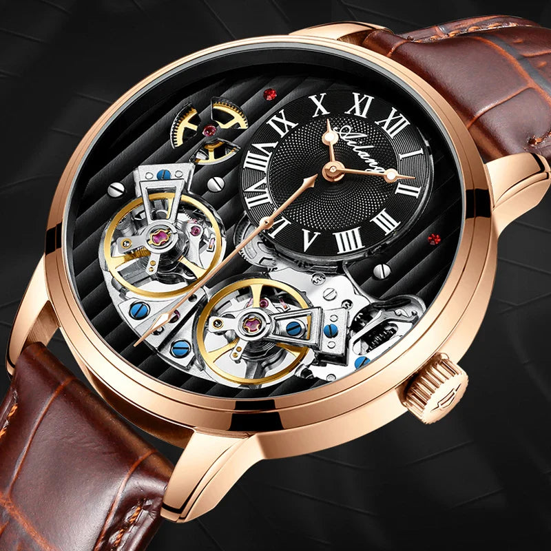 AILANG Top Marke Luxus Uhr Männer Automatische Leucht Schwarz Uhr Männer Doppel Tourbillon Wasserdichte Mechanische Uhr Relogio