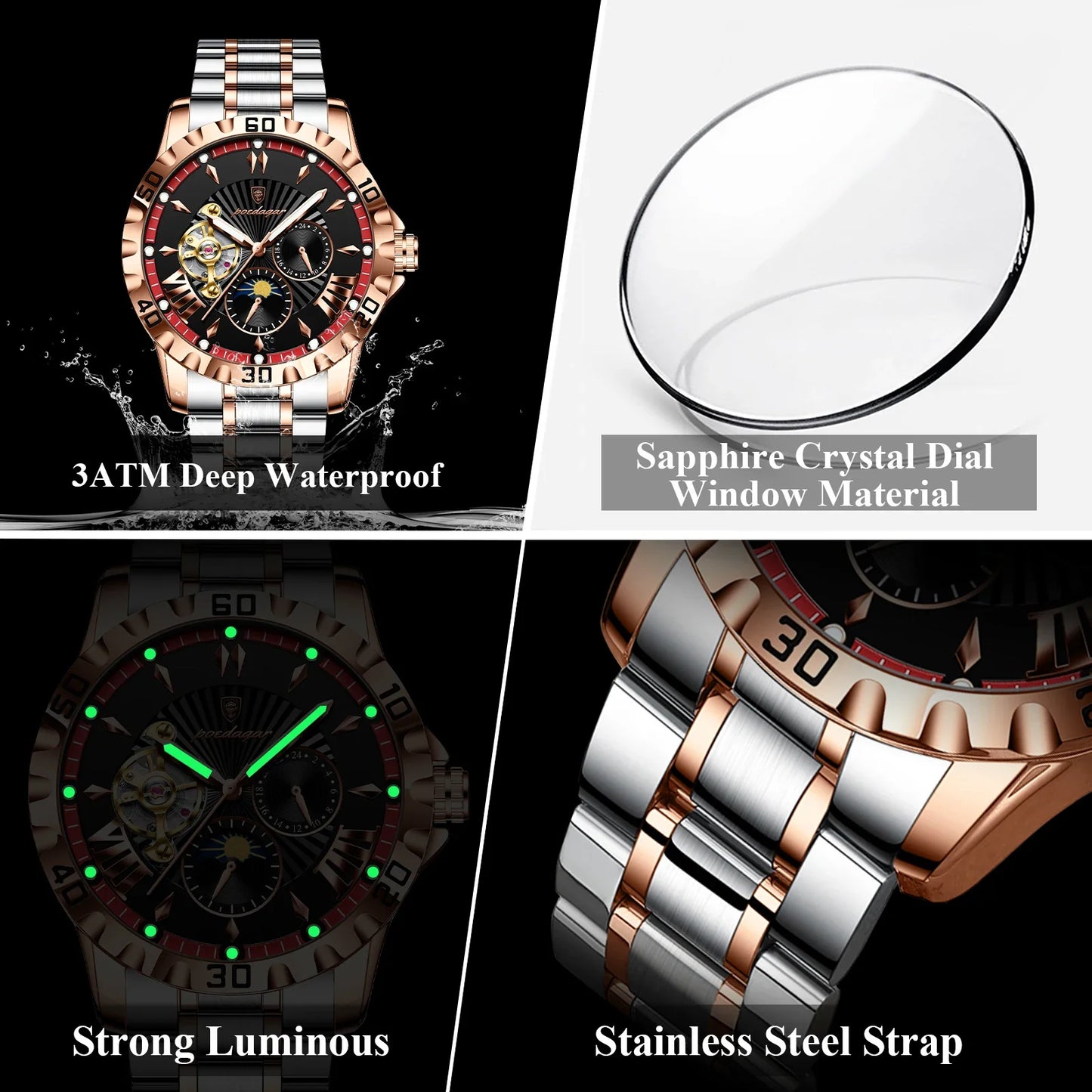 POEDAGAR Luxus Männer Uhr Hohl Tourbillon Automatische Mechanische Mann Uhr Wasserdicht Leucht Edelstahl herren Uhren + Box