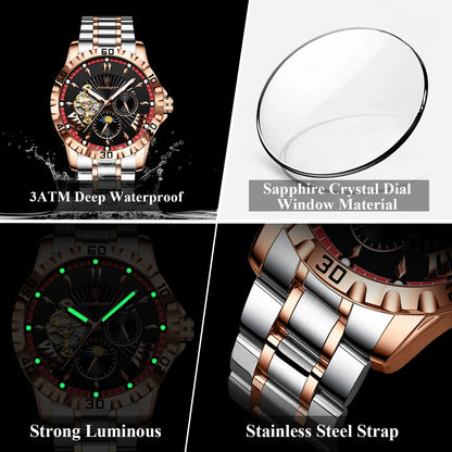 POEDAGAR Luxus Männer Uhr Hohl Tourbillon Automatische Mechanische Mann Uhr Wasserdicht Leucht Edelstahl herren Uhren + Box