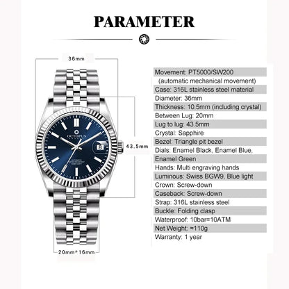 Octopus 36mm Men Mechanical Watch Stainless Steel PT5000/SW200 Automatic Movement 100m Waterproof Fashion Luxury Wristwatch