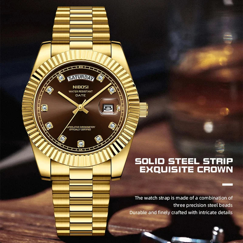 NIBOSI Luxus Gold Quarzuhr Männer Edelstahl Wasserdicht Leucht Datum Woche Mode Diamant Herren Uhren Relogio Masculino