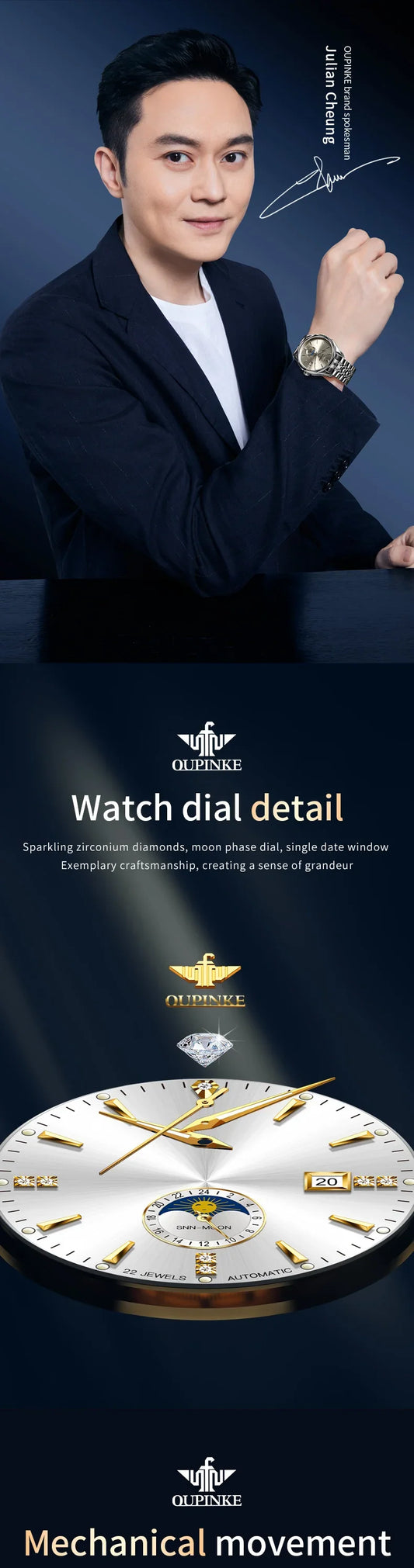 OUPINKE Automatic Men's Watch, Automatic Date, Moon Phase, Chronograph, High-Quality Luxury Diamond Wristwatch for Men, NEW 3275