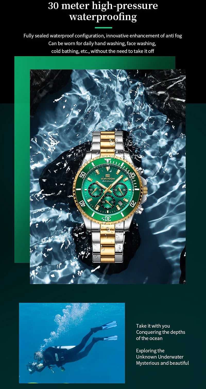 VA VA VOOM Marke Top Männer Uhr 1 Stück Multifunktionale Modische Timing Zifferblatt Grün Gold Edelstahl 3Bar Timing Uhr für Männer