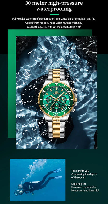VA VA VOOM Marke Top Männer Uhr 1 Stück Multifunktionale Modische Timing Zifferblatt Grün Gold Edelstahl 3Bar Timing Uhr für Männer